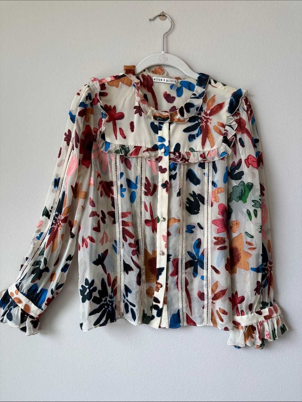 Alice + Olivia Sheer Floral Ruffle-Trim Blouse in Cream with Multicolor Print